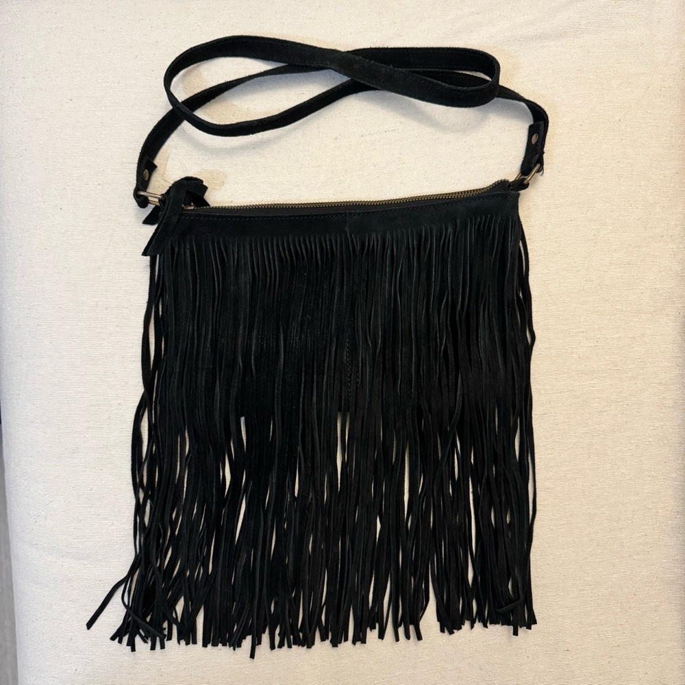 Zara Trafaluc Black Suede Fringe Crossbody Shoulder Bag